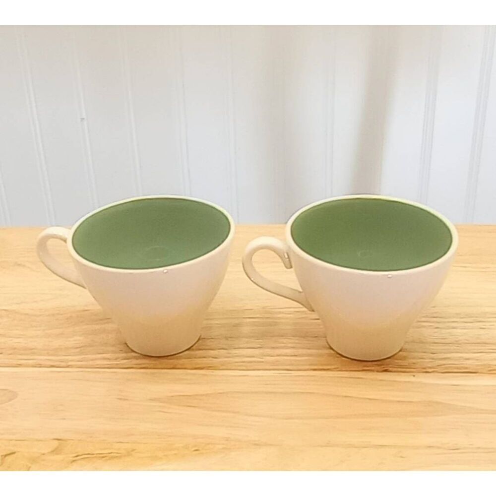 VTG coffee tea mugs cream with bright bold teal inside, unique - set of 2
